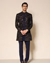 Manyavar Men Blue Velvet Printed Indo-Western Set with Pant