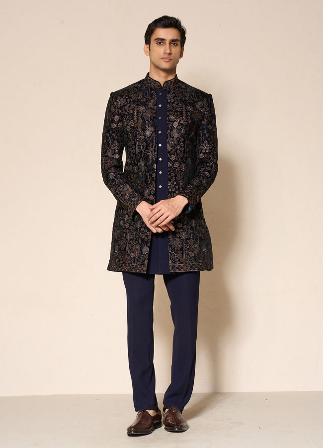 Manyavar Men Blue Velvet Printed Indo-Western Set with Pant