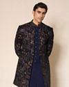 Manyavar Men Blue Velvet Printed Indo-Western Set with Pant