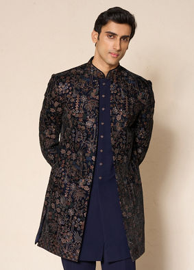 Manyavar Men Blue Velvet Printed Indo-Western Set with Pant