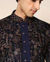Manyavar Men Blue Velvet Printed Indo-Western Set with Pant