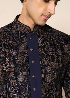 Manyavar Men Blue Velvet Printed Indo-Western Set with Pant