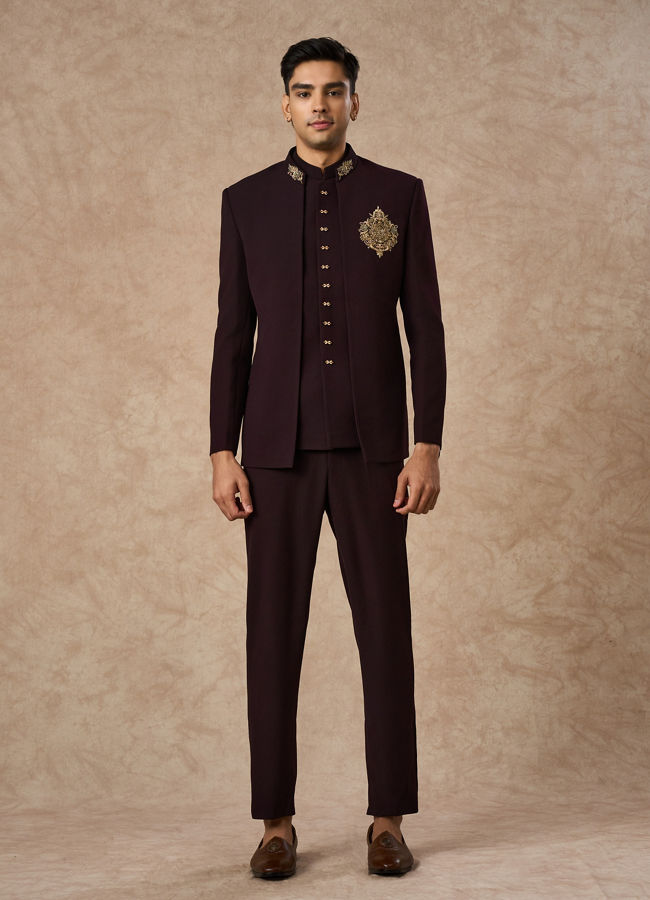 Manyavar Men Wine Blended Rayon Jodhpuri Suit