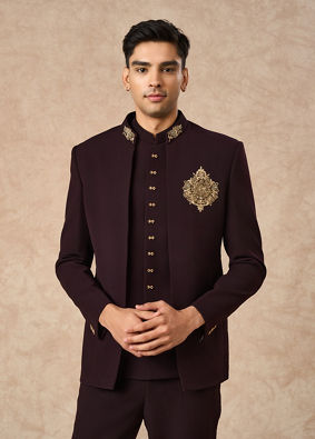 Manyavar Men Wine Blended Rayon Jodhpuri Suit