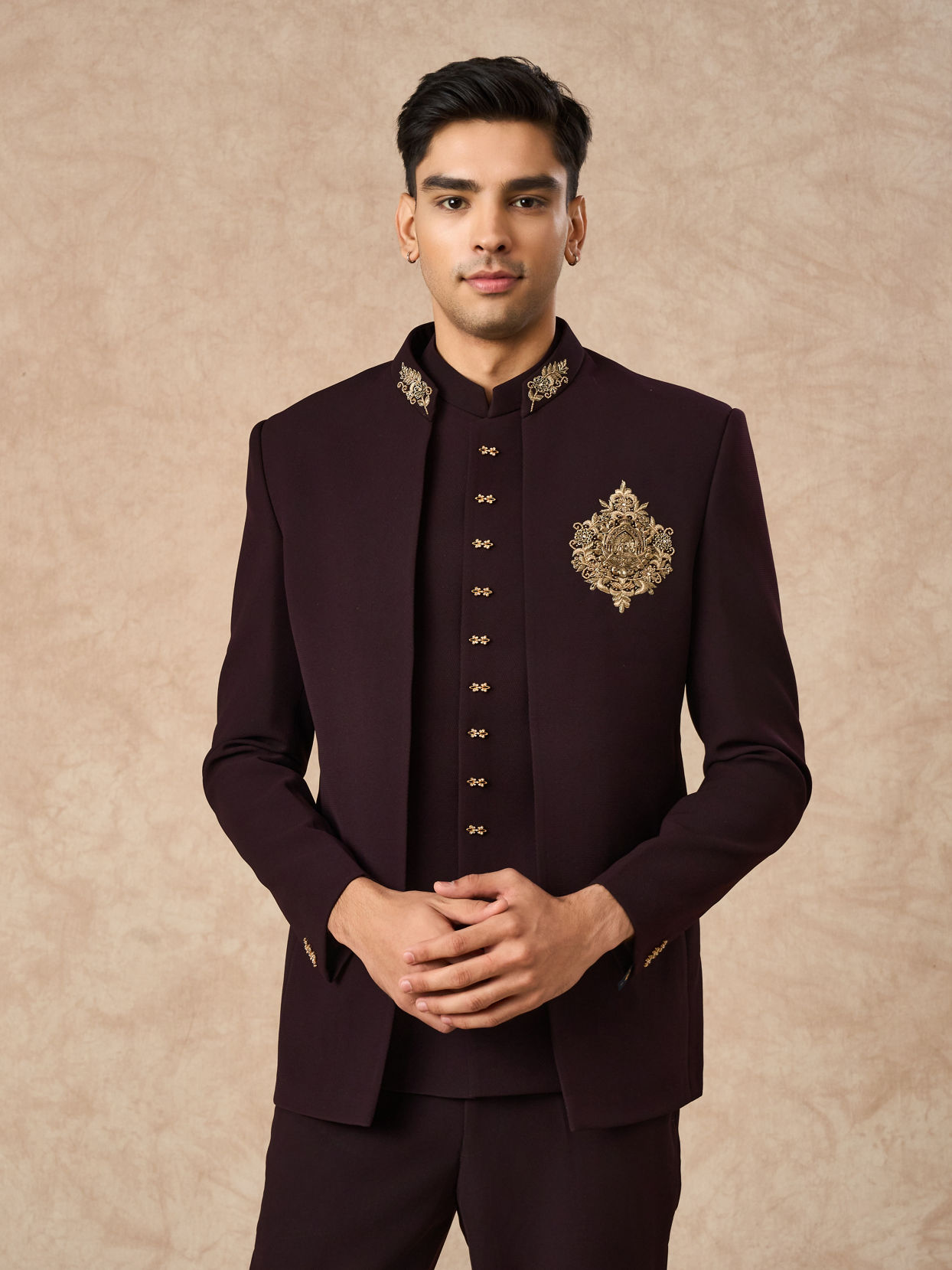 Manyavar Men Wine Blended Rayon Jodhpuri Suit