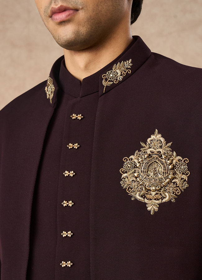 Manyavar Men Wine Blended Rayon Jodhpuri Suit