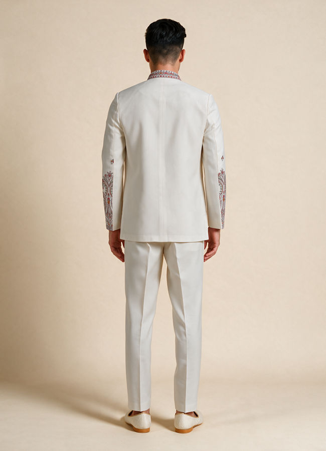Manyavar Men Cream Blended Cotton Jodhpuri Suit with Embroidery