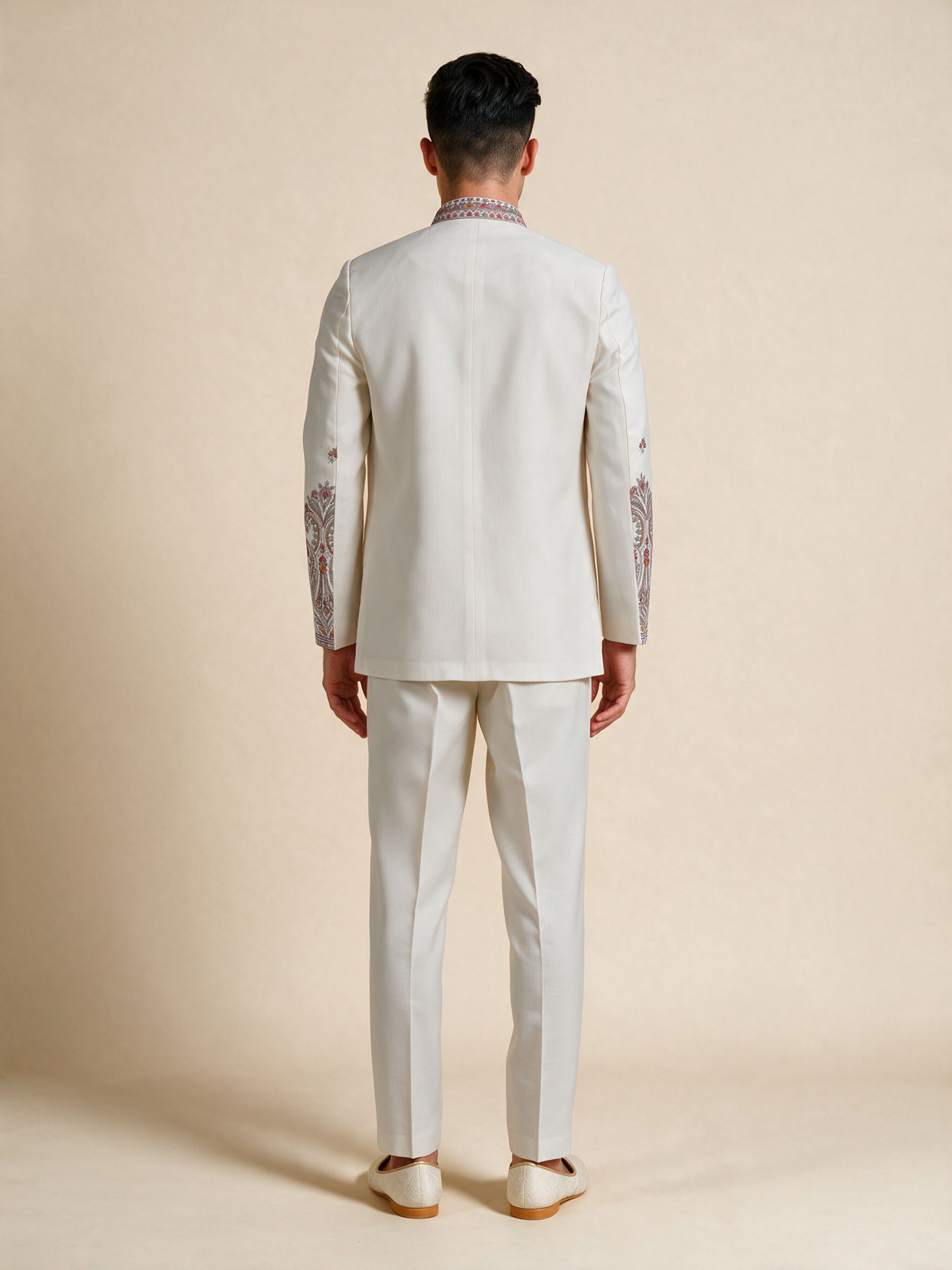 Manyavar Men Cream Blended Cotton Jodhpuri Suit with Embroidery