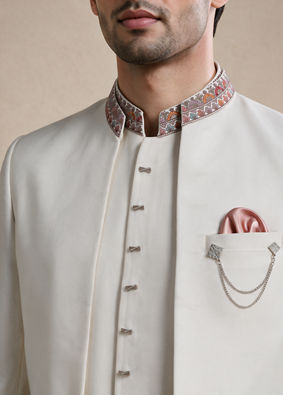 Manyavar Men Cream Blended Cotton Jodhpuri Suit with Embroidery