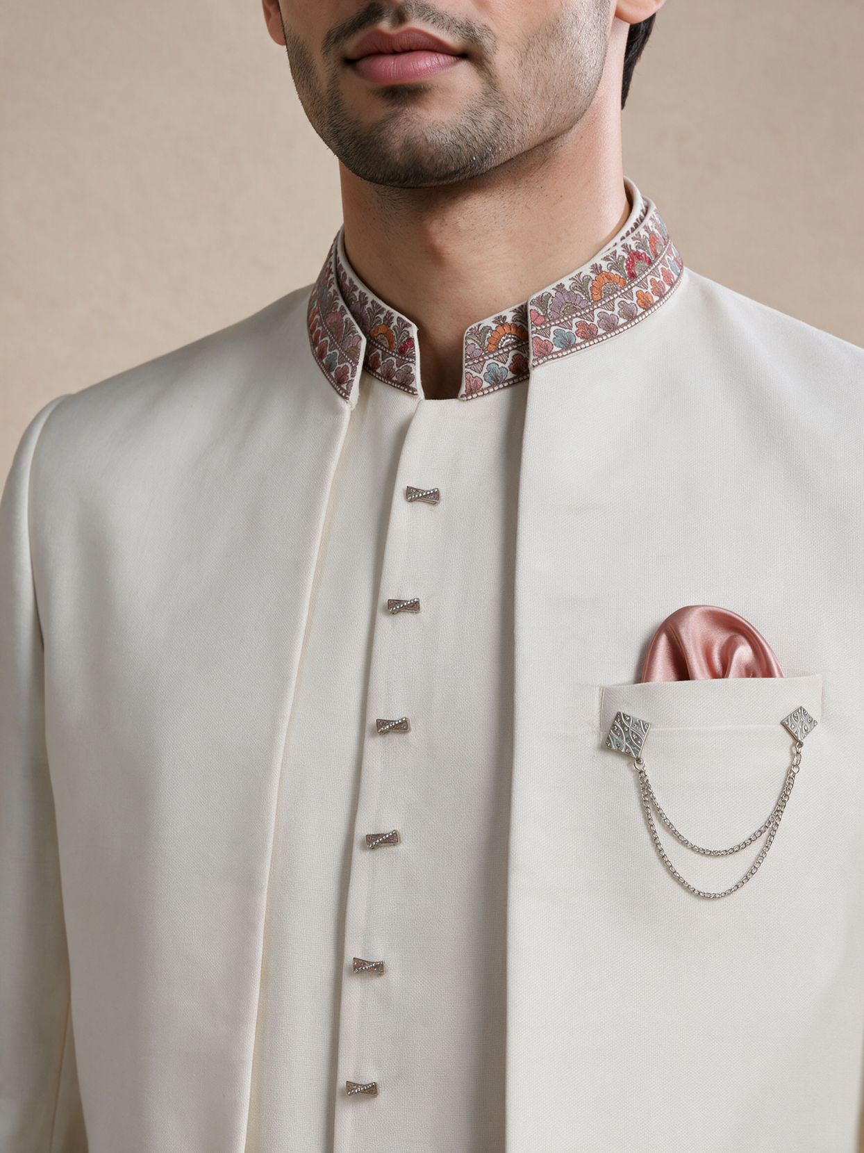Manyavar Men Cream Blended Cotton Jodhpuri Suit with Embroidery