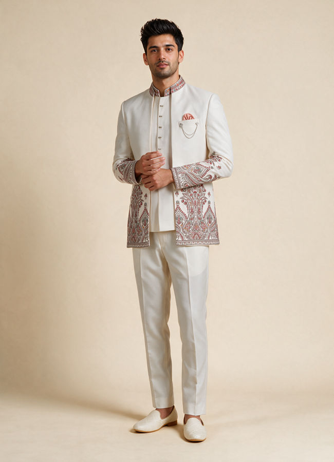 Manyavar Men Cream Blended Cotton Jodhpuri Suit with Embroidery