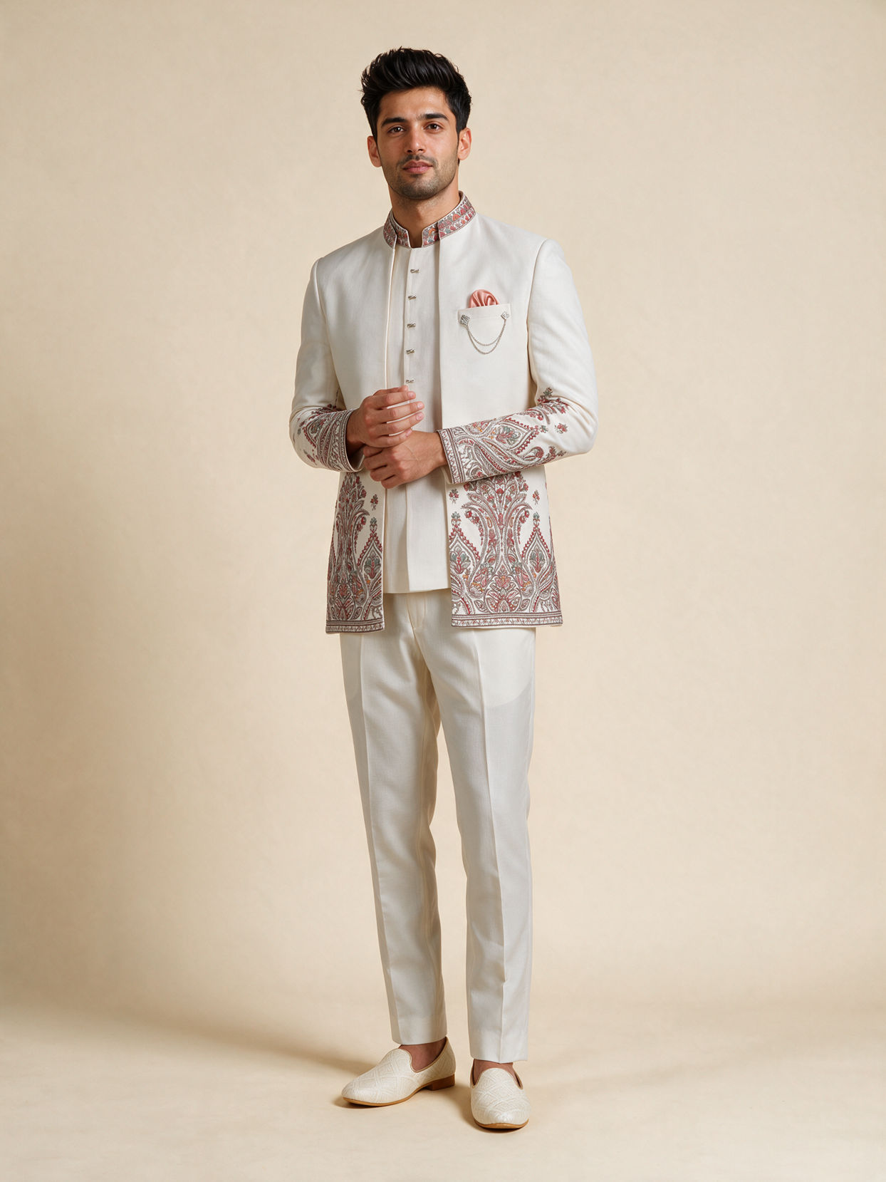 Manyavar Men Cream Blended Cotton Jodhpuri Suit with Embroidery