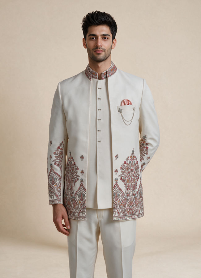 Manyavar Men Cream Blended Cotton Jodhpuri Suit with Embroidery