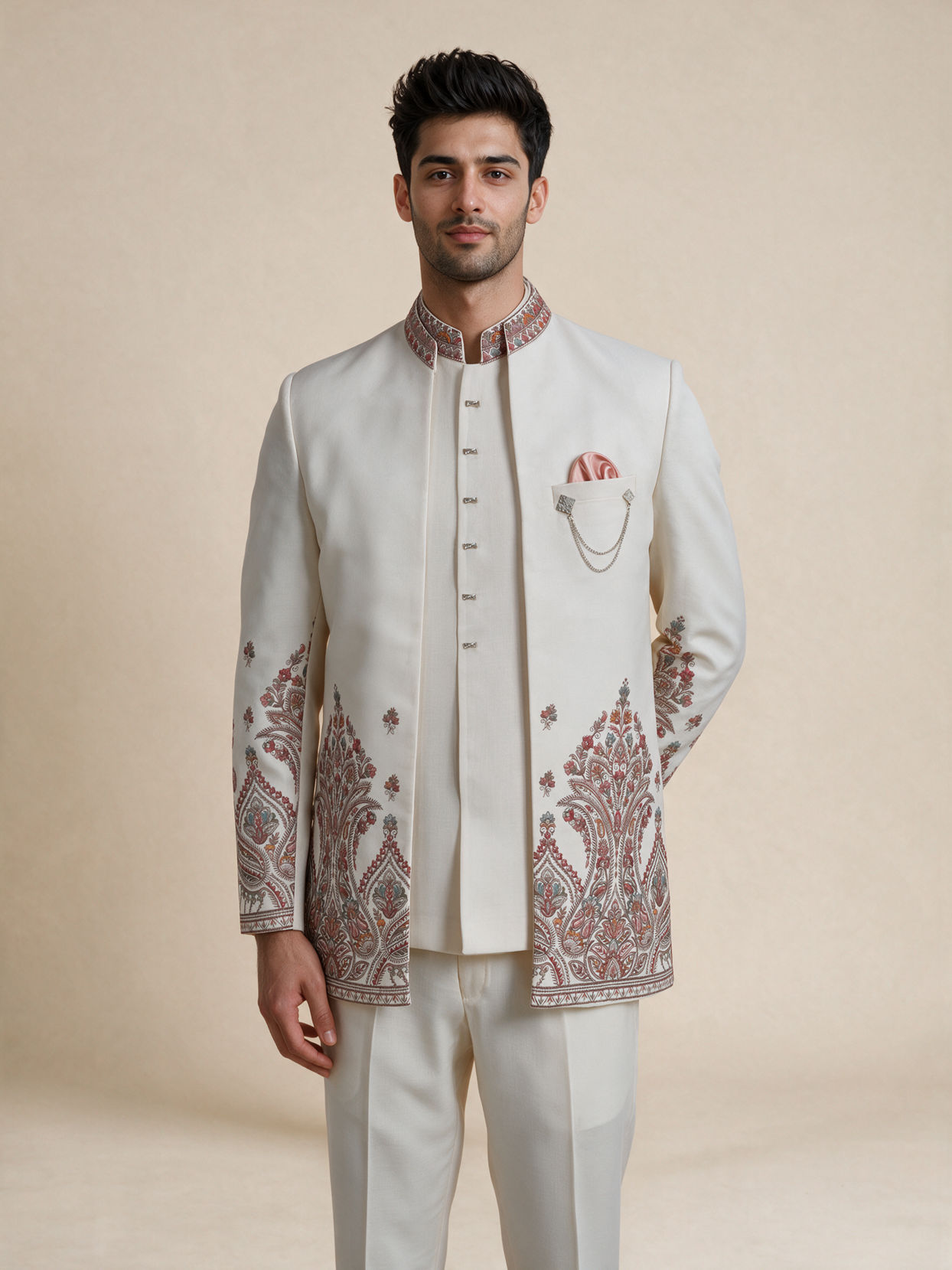 Manyavar Men Cream Blended Cotton Jodhpuri Suit with Embroidery