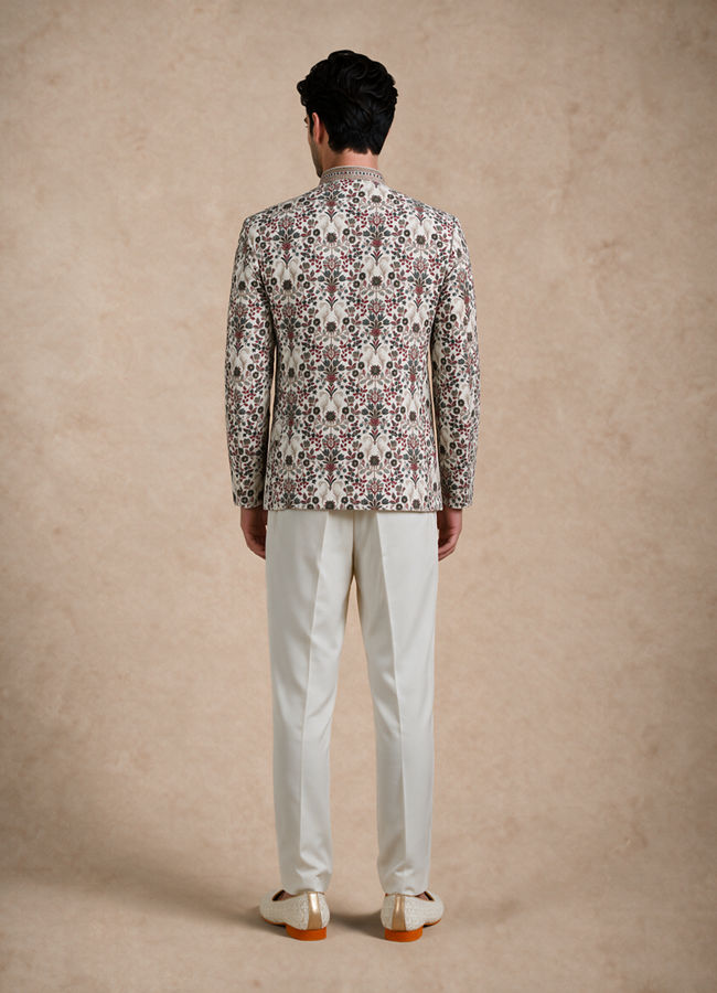 Manyavar Men Cream Velvet Jodhpuri Suit with Embroidery