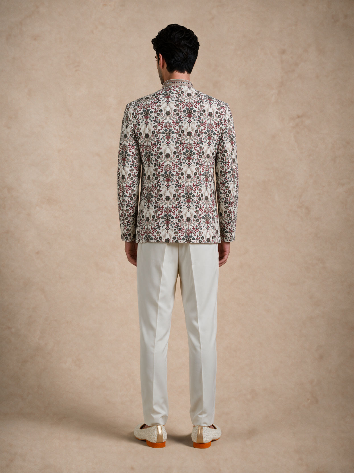 Manyavar Men Cream Velvet Jodhpuri Suit with Embroidery