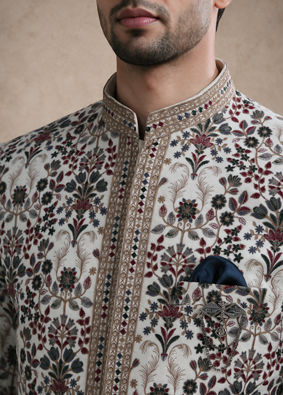 Manyavar Men Cream Velvet Jodhpuri Suit with Embroidery