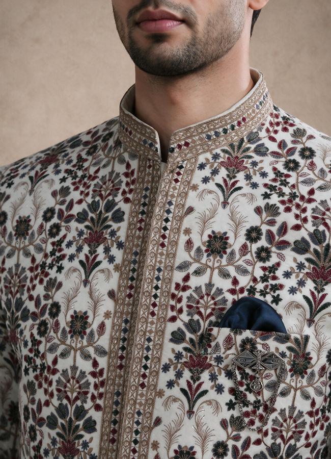 Manyavar Men Cream Velvet Jodhpuri Suit with Embroidery