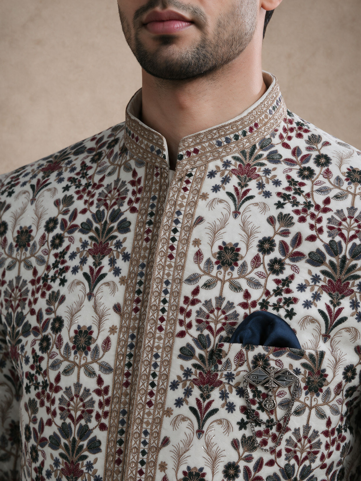 Manyavar Men Cream Velvet Jodhpuri Suit with Embroidery