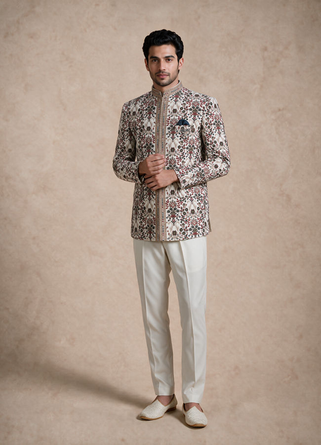 Manyavar Men Cream Velvet Jodhpuri Suit with Embroidery