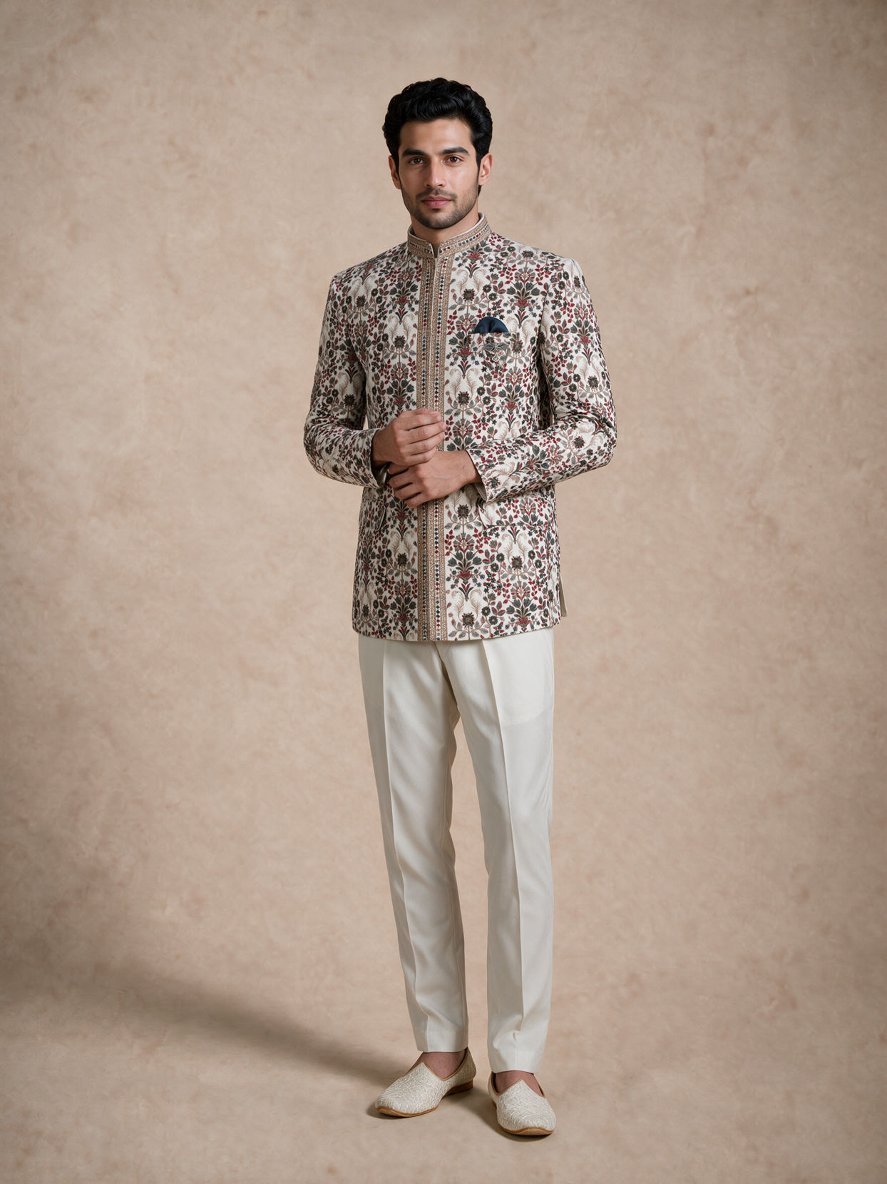 Manyavar Men Cream Velvet Jodhpuri Suit with Embroidery