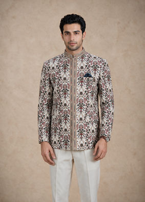 Manyavar Men Cream Velvet Jodhpuri Suit with Embroidery