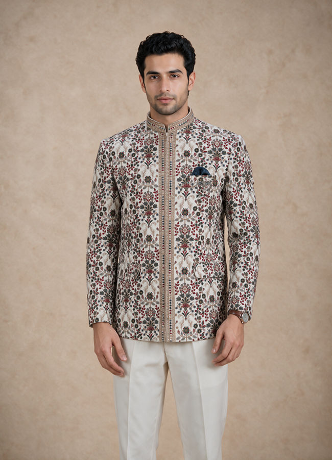 Manyavar Men Cream Velvet Jodhpuri Suit with Embroidery