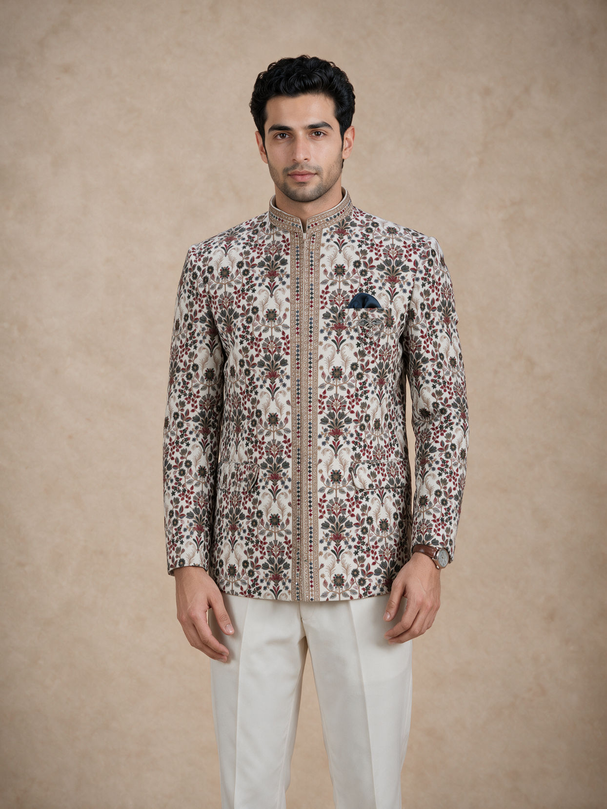 Manyavar Men Cream Velvet Jodhpuri Suit with Embroidery