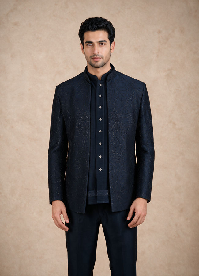 Manyavar Men Blue Blended Rayon Jodhpuri Suit with Embroidery