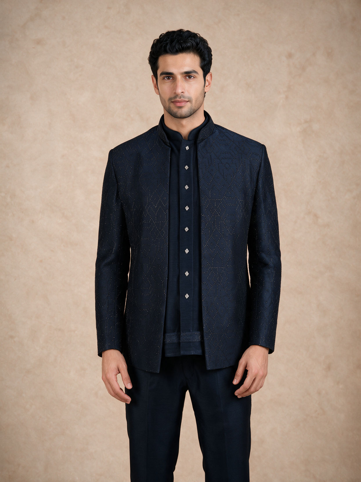 Manyavar Men Blue Blended Rayon Jodhpuri Suit with Embroidery