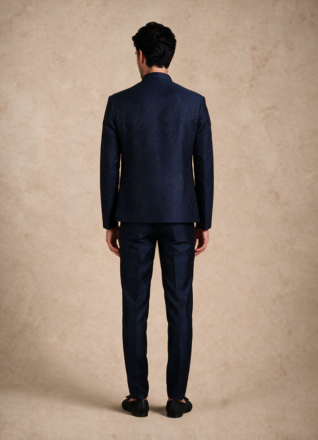 Manyavar Men Blue Blended Rayon Jodhpuri Suit with Embroidery