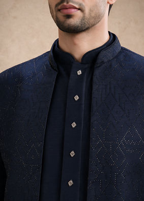Manyavar Men Blue Blended Rayon Jodhpuri Suit with Embroidery