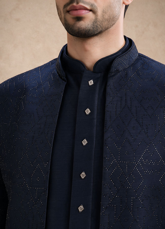 Manyavar Men Blue Blended Rayon Jodhpuri Suit with Embroidery