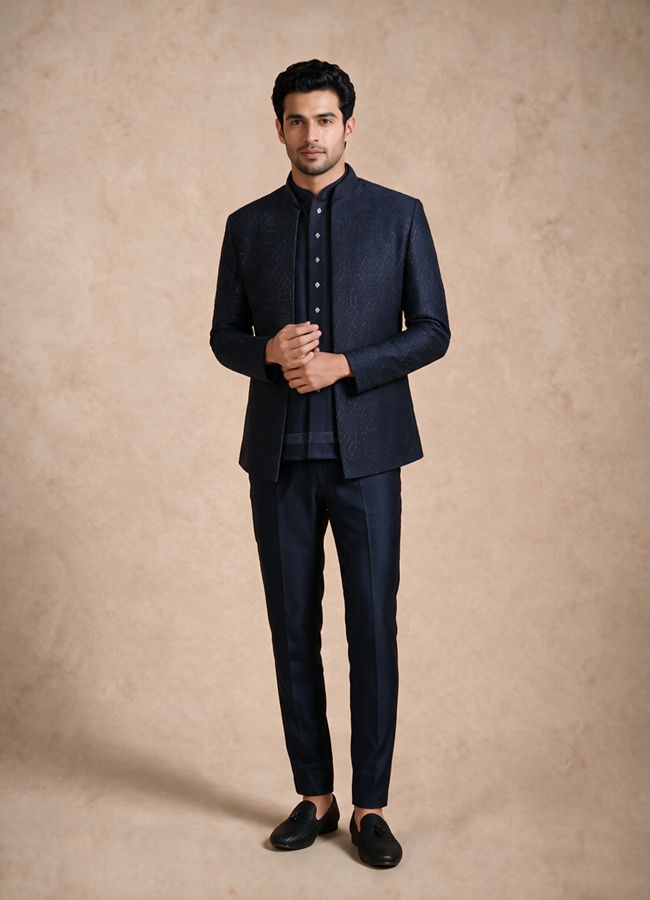 Manyavar Men Blue Blended Rayon Jodhpuri Suit with Embroidery