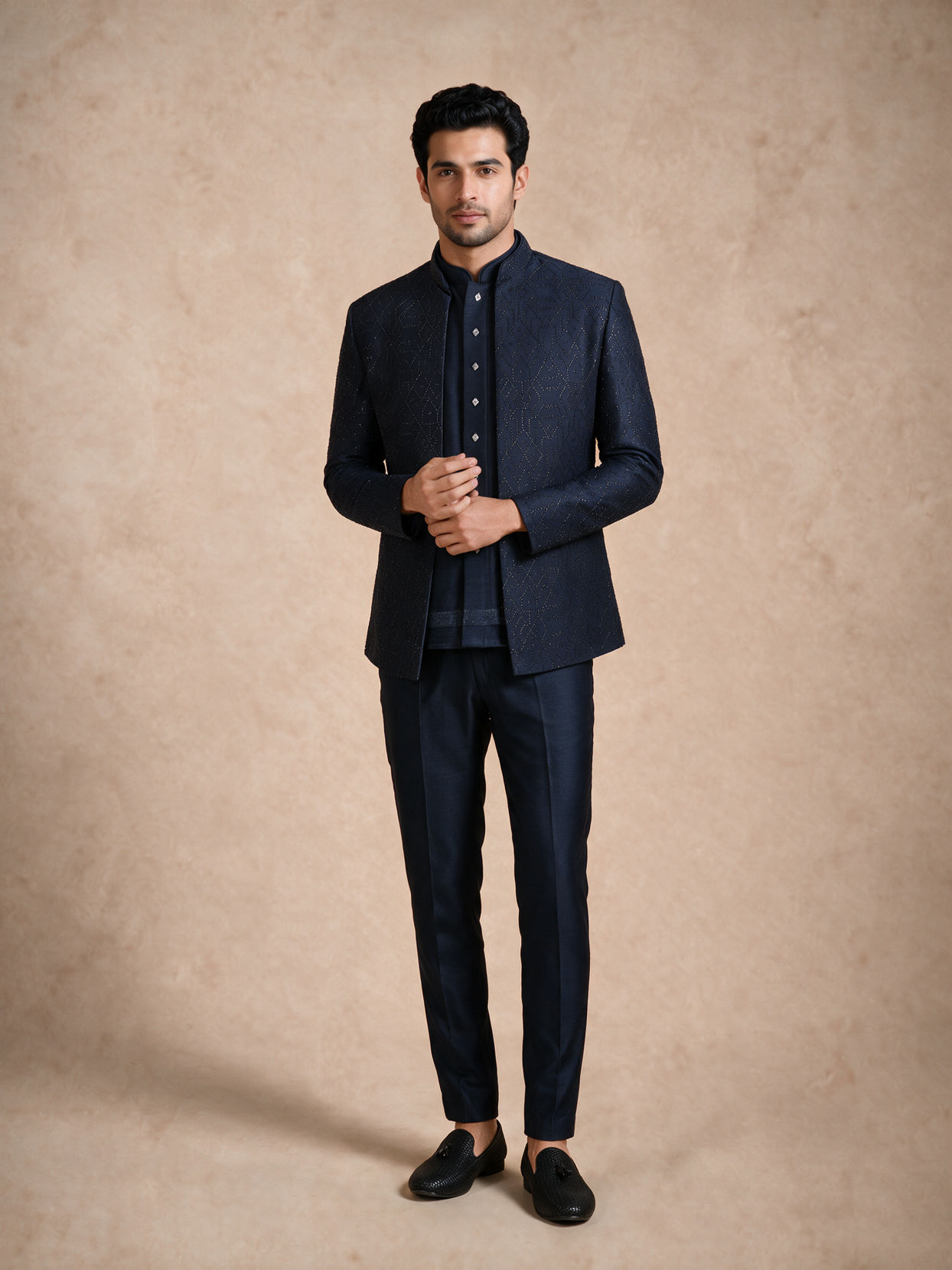 Manyavar Men Blue Blended Rayon Jodhpuri Suit with Embroidery