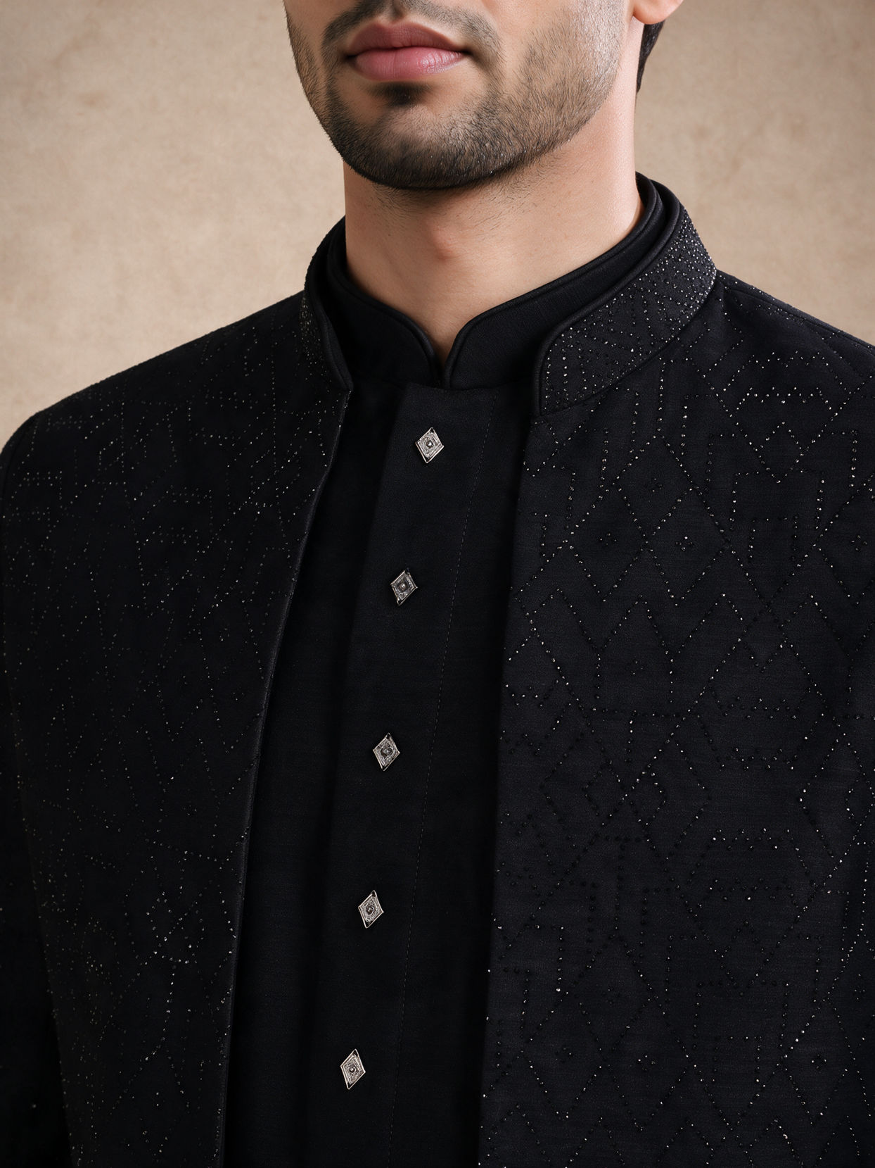 Manyavar Men Black Blended Rayon Jodhpuri Suit with Embroidery