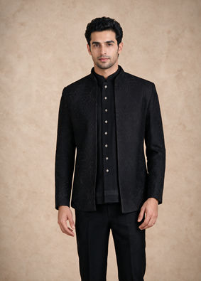 Manyavar Men Black Blended Rayon Jodhpuri Suit with Embroidery
