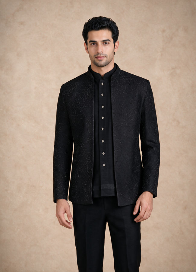 Manyavar Men Black Blended Rayon Jodhpuri Suit with Embroidery
