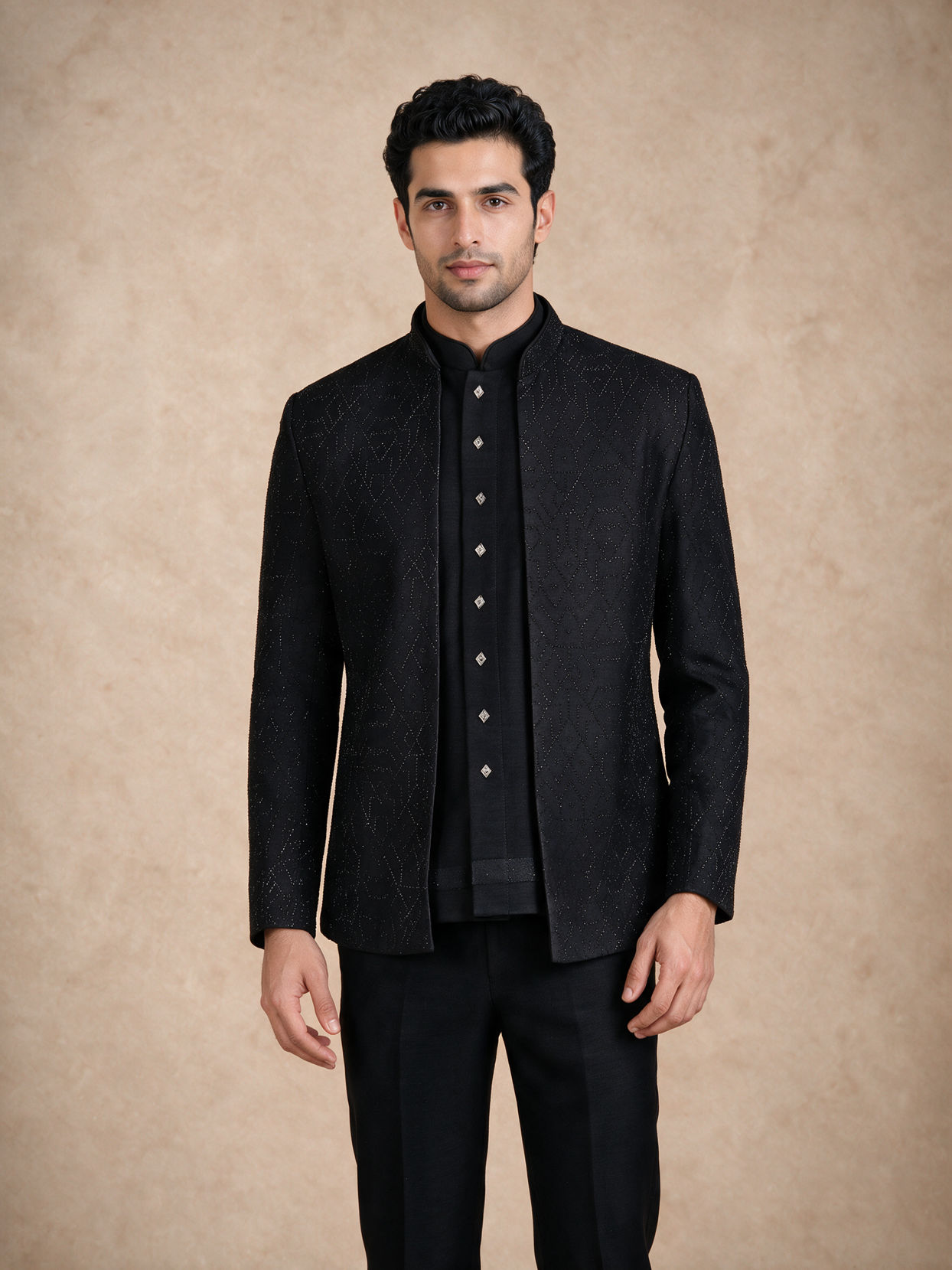 Manyavar Men Black Blended Rayon Jodhpuri Suit with Embroidery