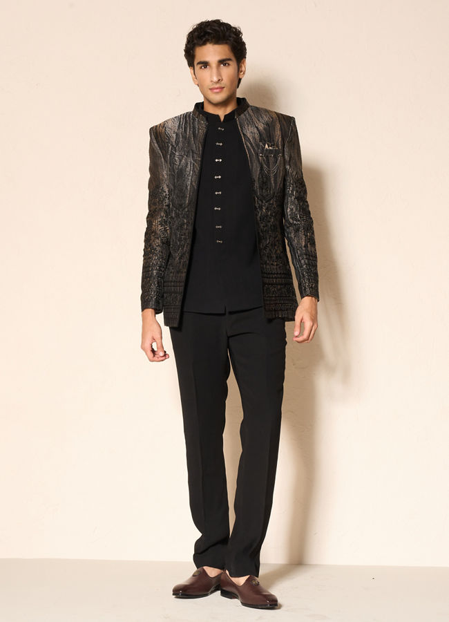 Manyavar Men Black Blended Rayon Jodhpuri Suit with Embellishments