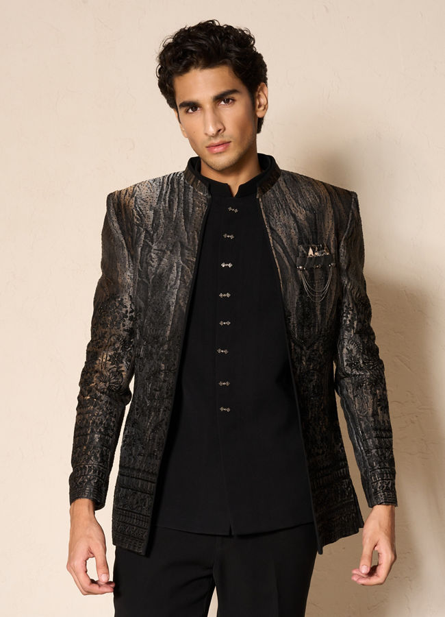 Manyavar Men Black Blended Rayon Jodhpuri Suit with Embellishments