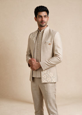 Manyavar Men Beige Blended Cotton Jodhpuri Suit with Embroidery
