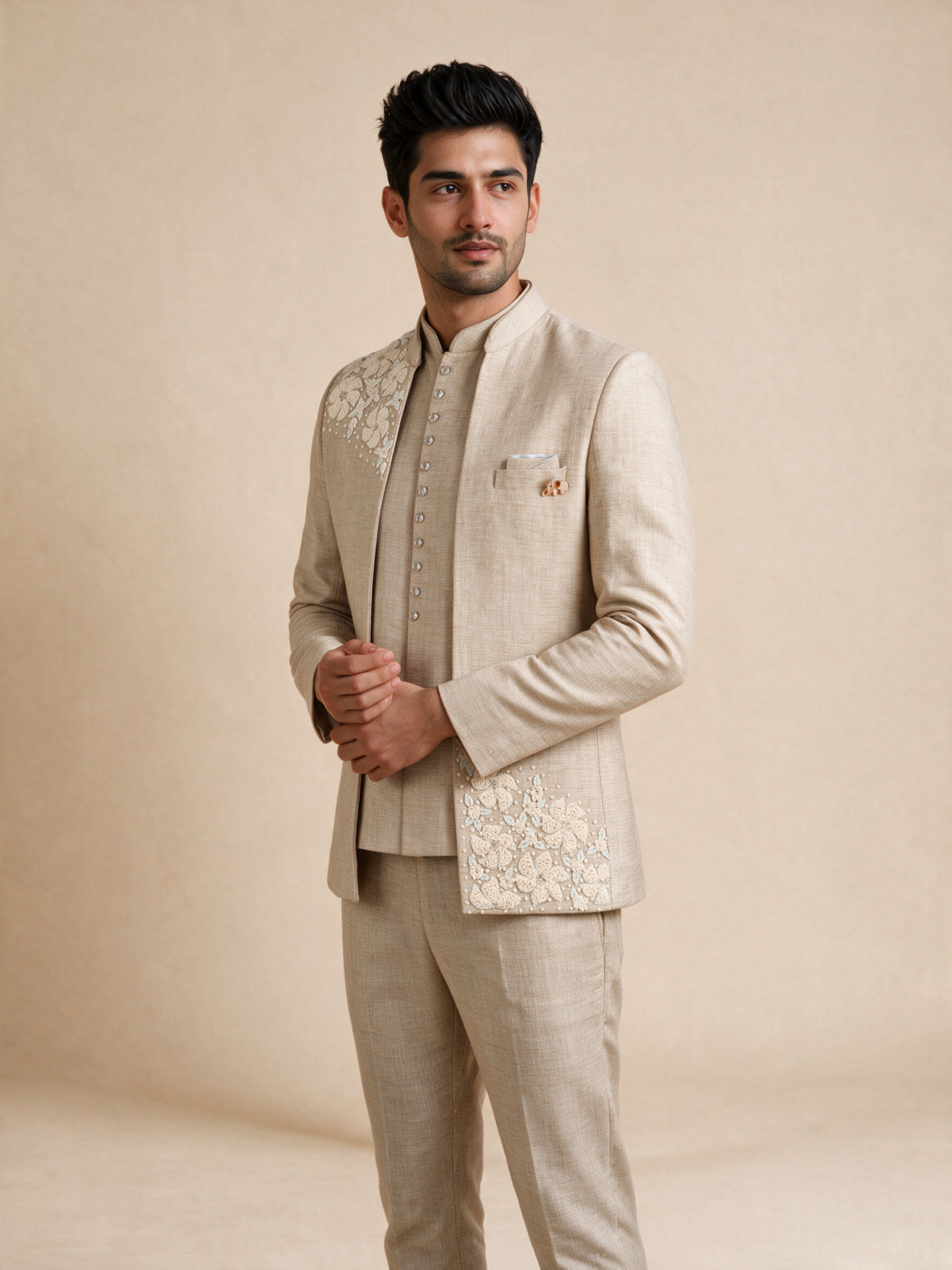 Manyavar Men Beige Blended Cotton Jodhpuri Suit with Embroidery