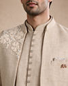 Manyavar Men Beige Blended Cotton Jodhpuri Suit with Embroidery