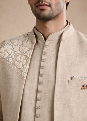 Manyavar Men Beige Blended Cotton Jodhpuri Suit with Embroidery