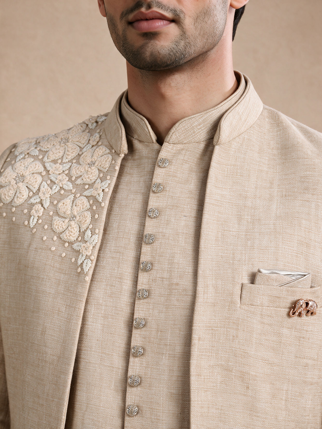 Manyavar Men Beige Blended Cotton Jodhpuri Suit with Embroidery