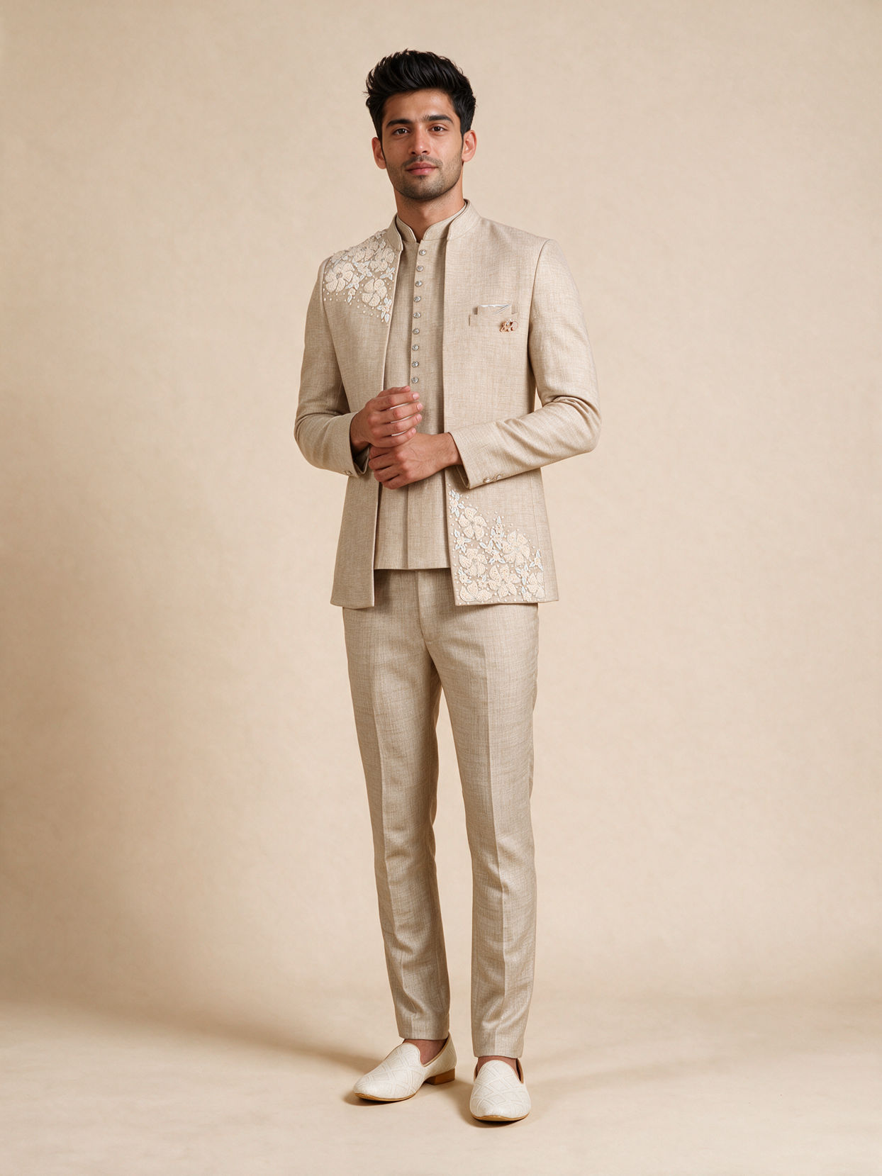 Manyavar Men Beige Blended Cotton Jodhpuri Suit with Embroidery