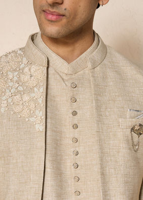 Manyavar Men Beige Blended Cotton Jodhpuri Suit with Embroidery