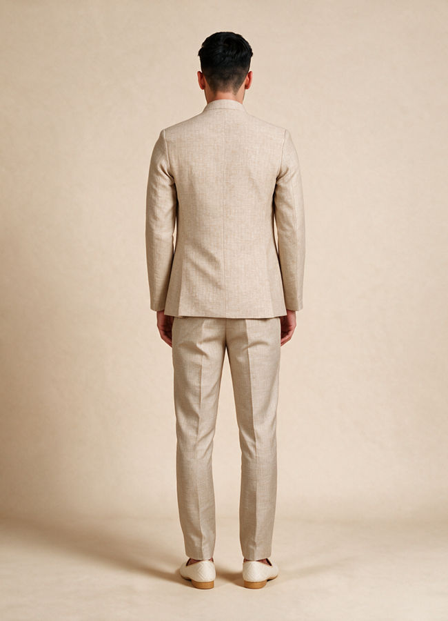 Manyavar Men Beige Blended Cotton Jodhpuri Suit with Embroidery