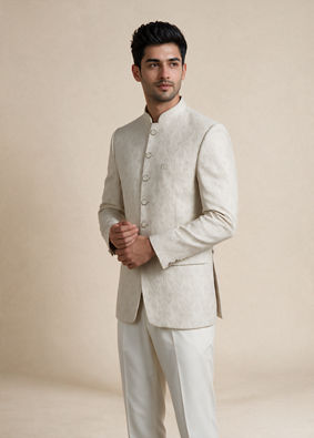 Manyavar Men Cream Brocade Jodhpuri Suit with Embroidery